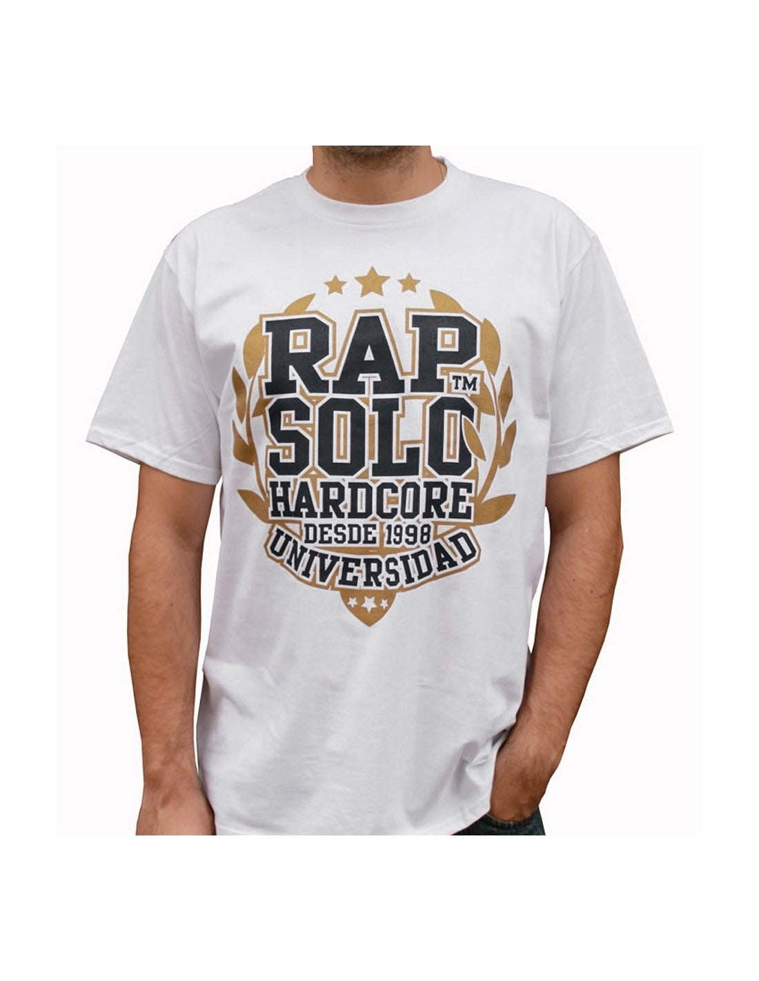 CAMISETA RAPSOLO HARDCORE UNIVERSIDAD DESDE 1998  Javato unisex, de algodón en color blanco, negro