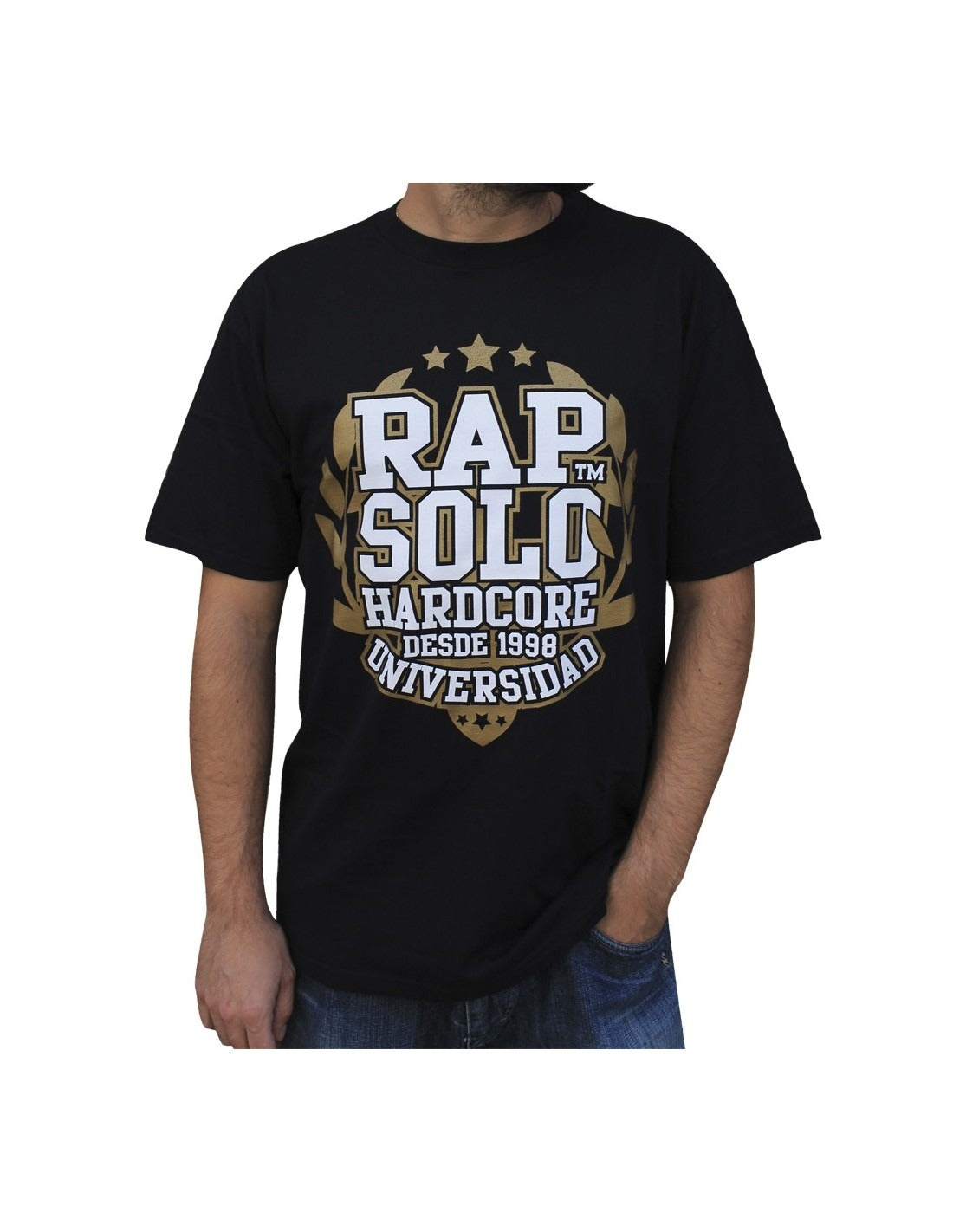 CAMISETA RAPSOLO HARDCORE UNIVERSIDAD DESDE 1998  Javato unisex, de algodón en color blanco, negro